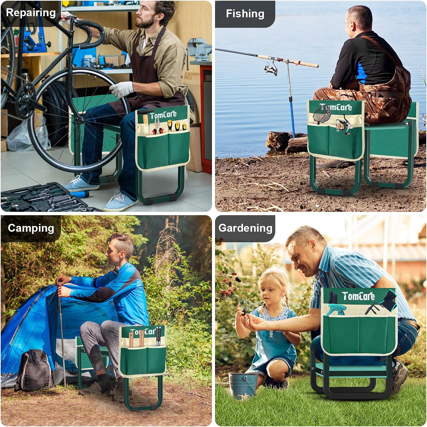 TomCare Garden Kneeler and Seat, 11.12" Kneeling Pad Sturdy Garden Bench | Heavy Duty Garden Stool, 450 lbs Load Capacity, 2 Tool Pouches, Foldable Design, Gardening Gift for Women, Men and Gardeners