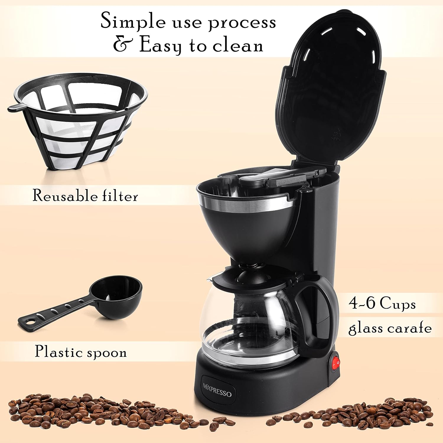 Mixpresso 5 Cup Drip Coffee Maker, Coffee Pot with Reusable Filter, Black | Glass Carafe Coffee Machine with Auto-Off, Anti-Drip, Water Window and Easy On/Off Switch for Convenient Everyday Brewing