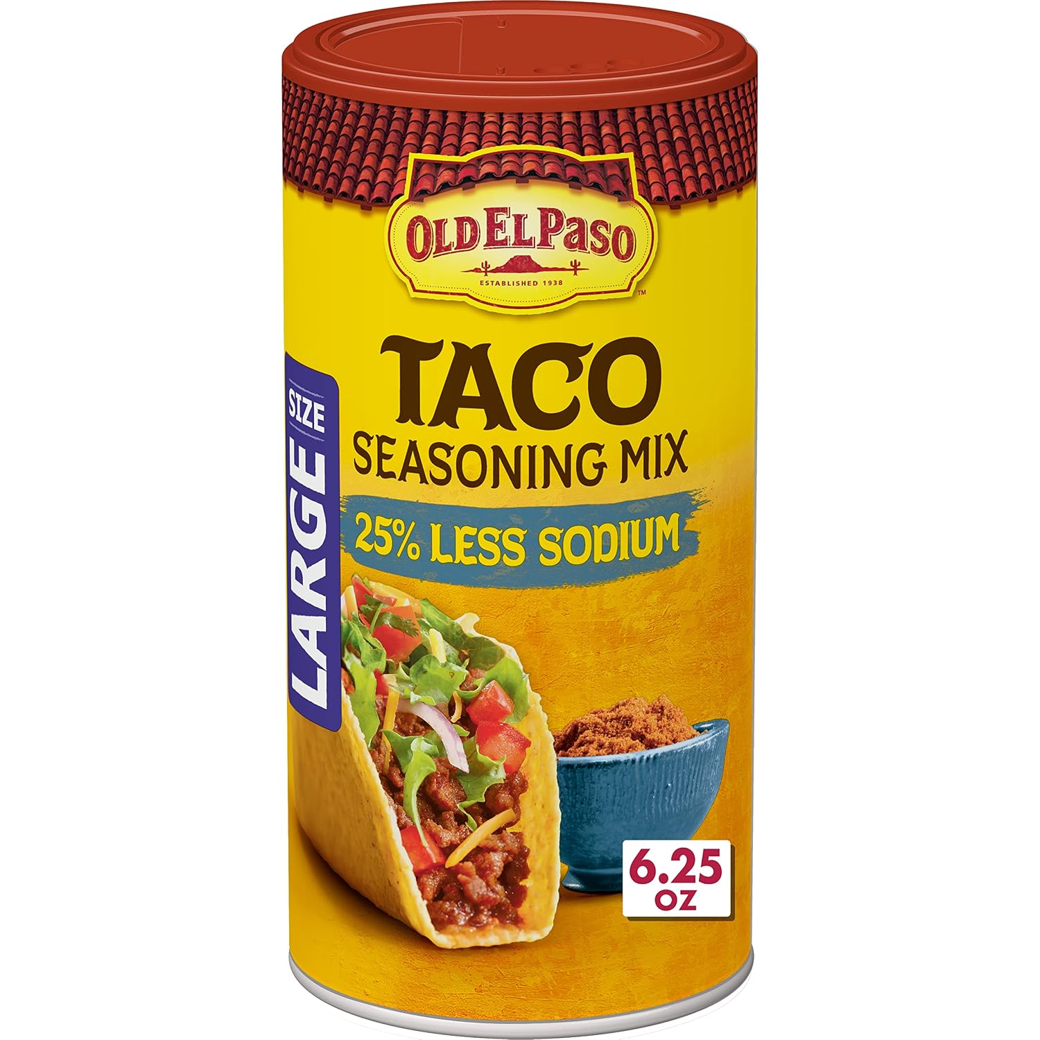 Old El Paso Taco Seasoning, 25% Less Sodium, Large Size, 6.25 oz | 25% Less Sodium Vs. Original, Large Canister for Batch Cooking, Seasons Tacos, Soups & Dips