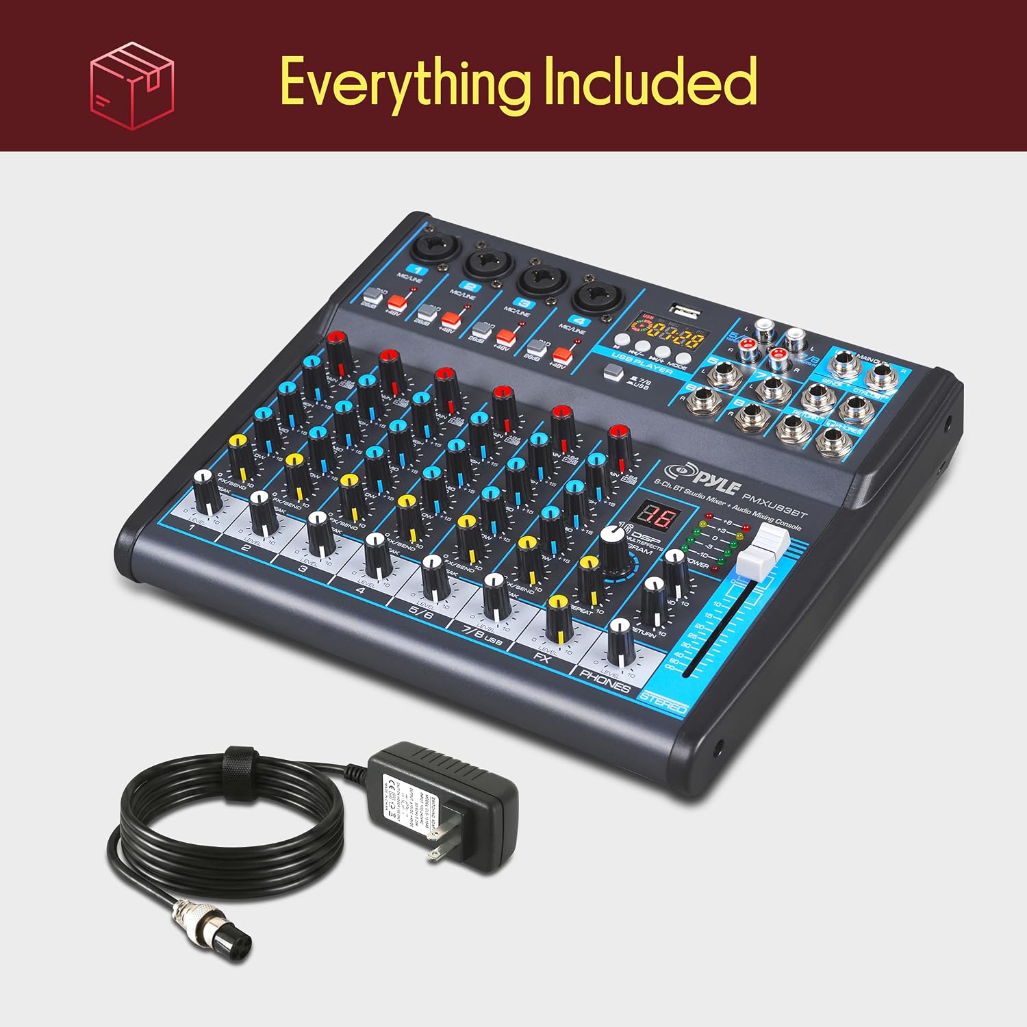 Pyle 8 Channel DJ Audio Mixer, Bluetooth, DSP FX, USB, Audio Interface | +48V Phantom Power, 16Bit DSP Processor, USB-A MP3 Player