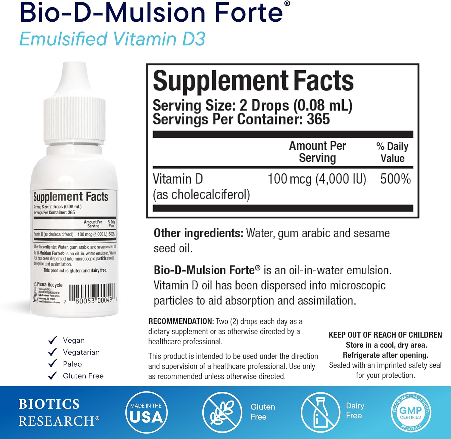BIOTICS RESEARCH Bio-D-Mulsion Forte Liquid Vitamin D Drops 4000 IU – Vitamin D3 2000iu /Drop for Adults –Best Absorption, Strengthens Bones