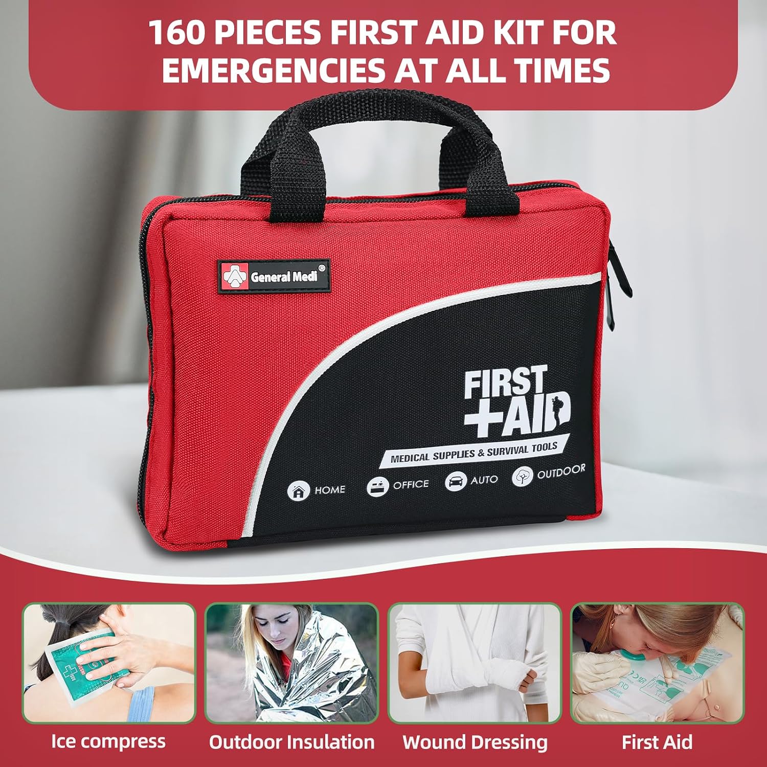 First Aid Kit -160 Pieces Compact and Lightweight - Including Cold (Ice) Pack, Emergency Blanket, Moleskin Pad, Perfect for Travel, Home, Office, Car