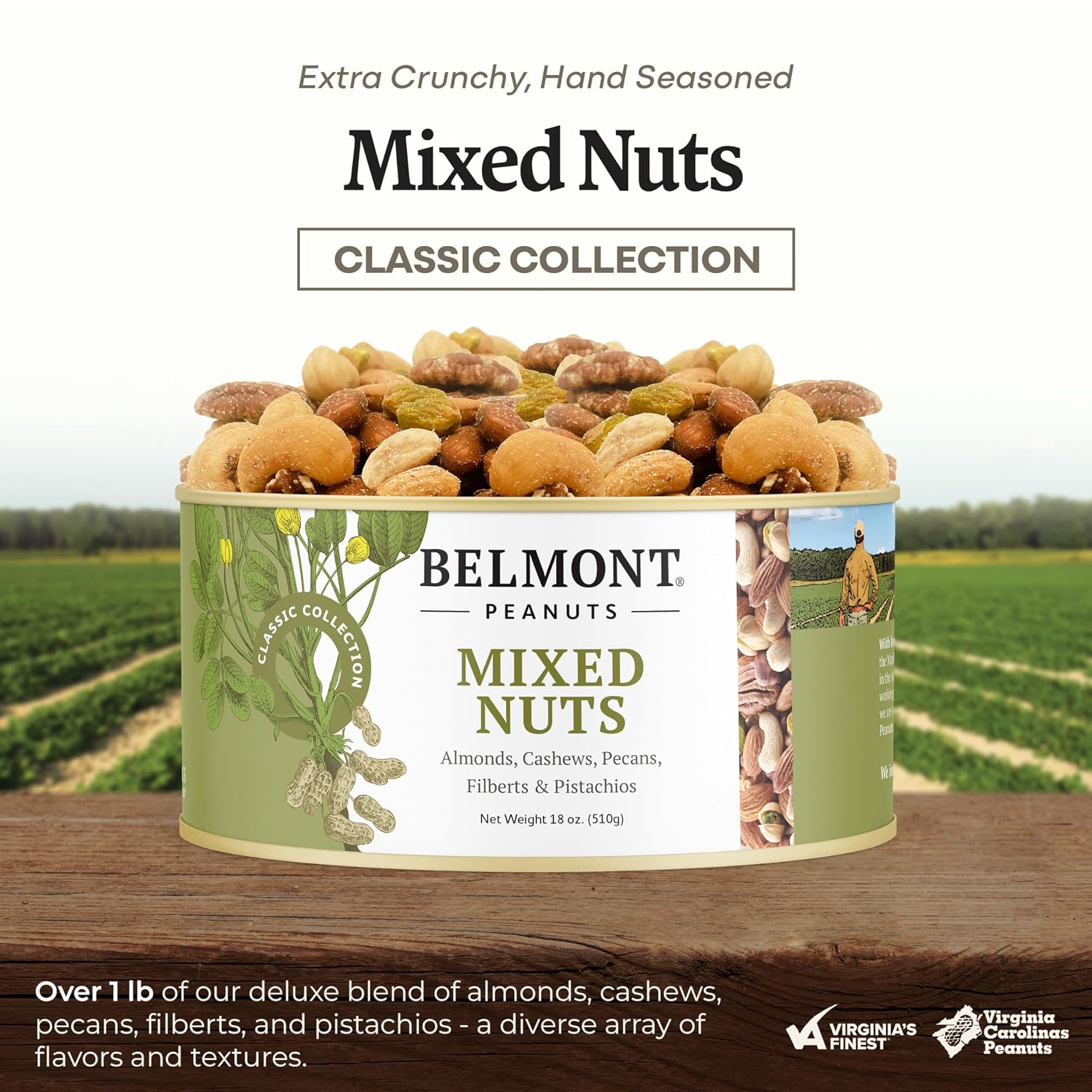 Belmont Peanuts Gourmet Sea-Salted Virginia Peanuts, 20 oz (1 Pack) – Only 3 Simple Ingredients, No Preservatives, 7g Protein – A Premium, Salty, Crunchy, Hand Seasoned Snack