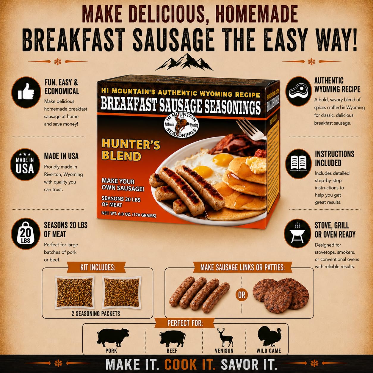 Hi Mountain Breakfast Sausage Seasoning | ORIGINAL MOUNTAIN MAN | 24 lbs | Hearty Old West mix for homemade pork, venison, deer, elk & wild game sausage patties or breakfast sausage links