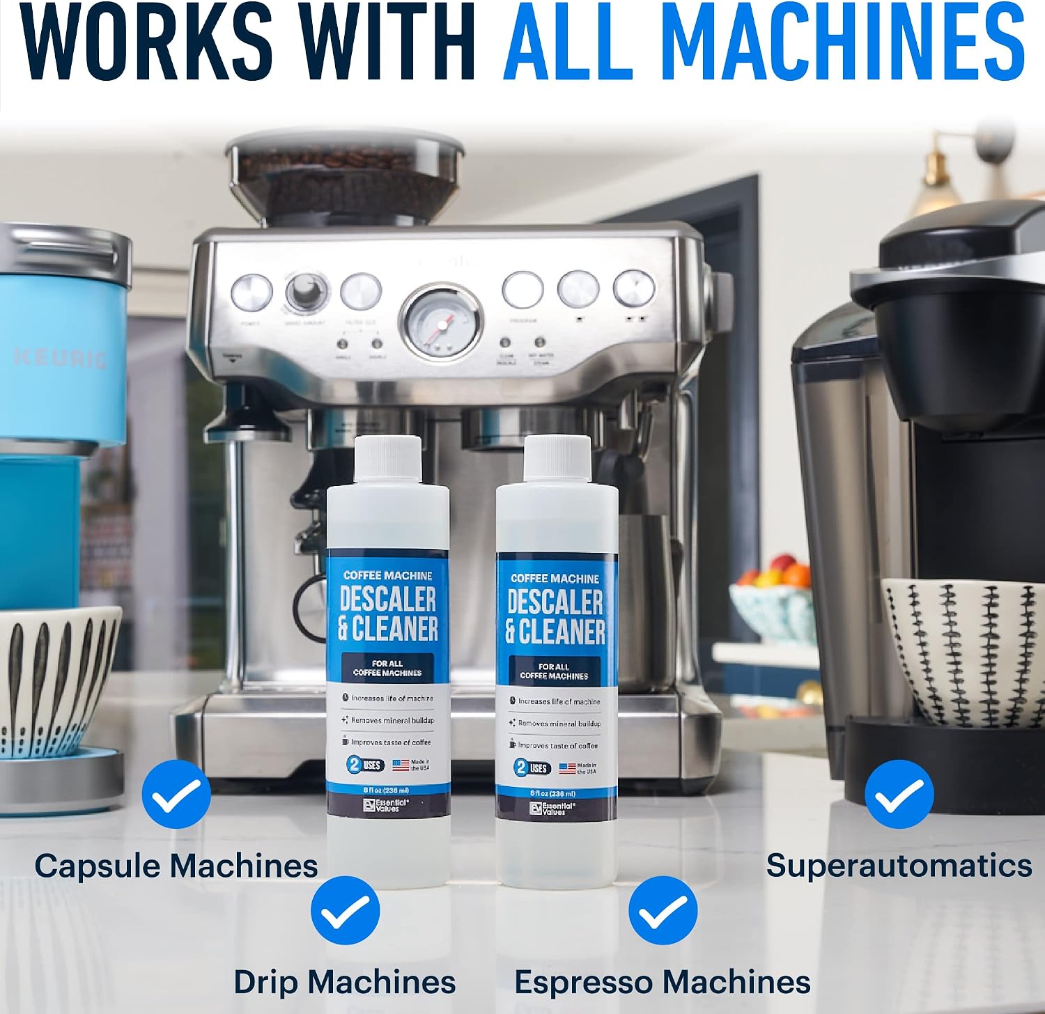 Essential Values Universal Descaling Solution, Made in the USA for Delonghi, Keurig, Breville,Nespresso (2 Uses) Coffee Machine Descaler Cleaner for all Automatic Coffee Makers & Espresso Machines