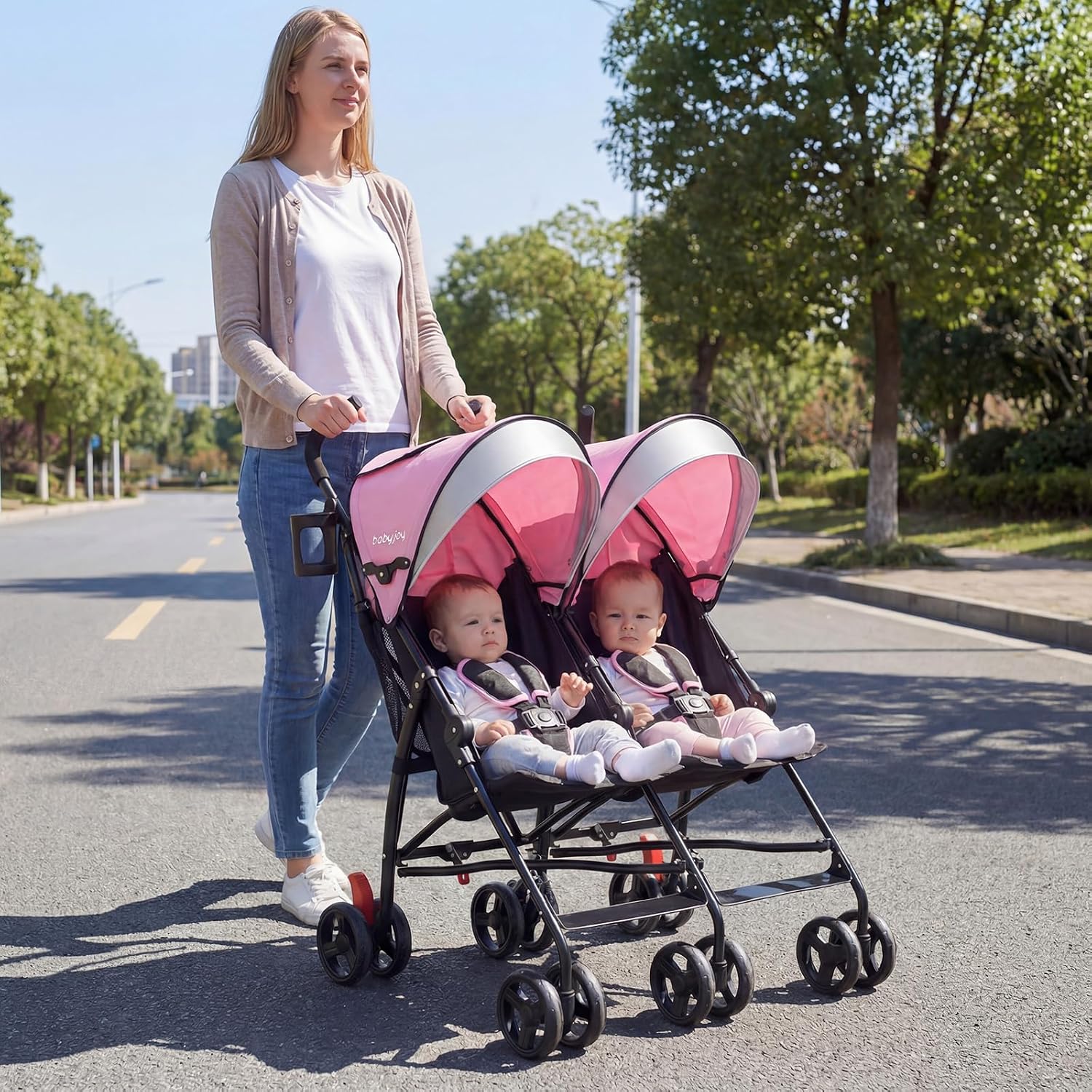 BABY JOY Double Umbrella Stroller, Lightweight Travel Side by Side Twin Stroller with Large Storage, Cup Holder, 5-Point Safety Harness, Adjustable Canopy & Compact Fold for Infant and Toddler (Black)