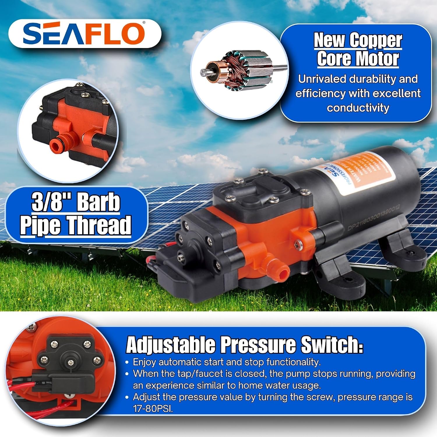 SEAFLO 55 Series 12V RV Water Pump 5.5 GPM 60 PSI Diaphragm Pump Heavy Duty Pressure Switch Built In Bypass Self Priming Quiet High Flow RV Marine Off Grid Freshwater System 4-Year Warranty