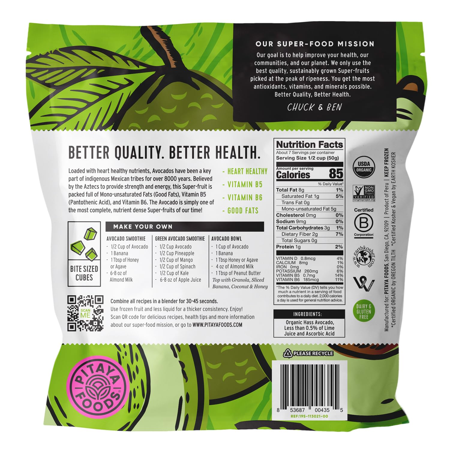 Pitaya Foods - Frozen Organic Avocado Bite-Sized Pieces, Pre-Packaged Frozen Fruit, No Added Sugar or Preservatives, Good Source of Vitamin B5 & B6