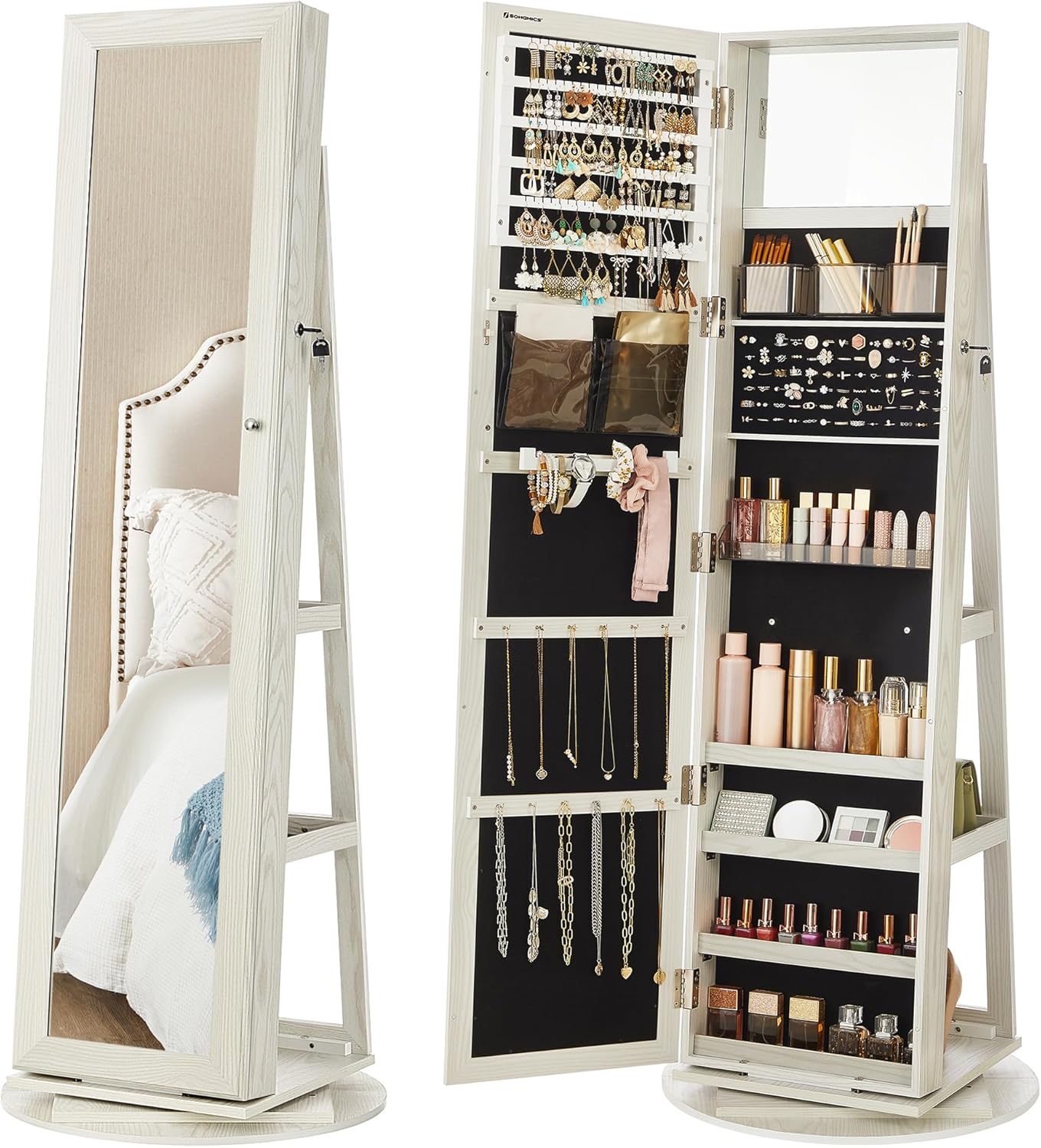 SONGMICS 360° Swivel Jewelry Cabinet, Full-Length Mirror, Lockable