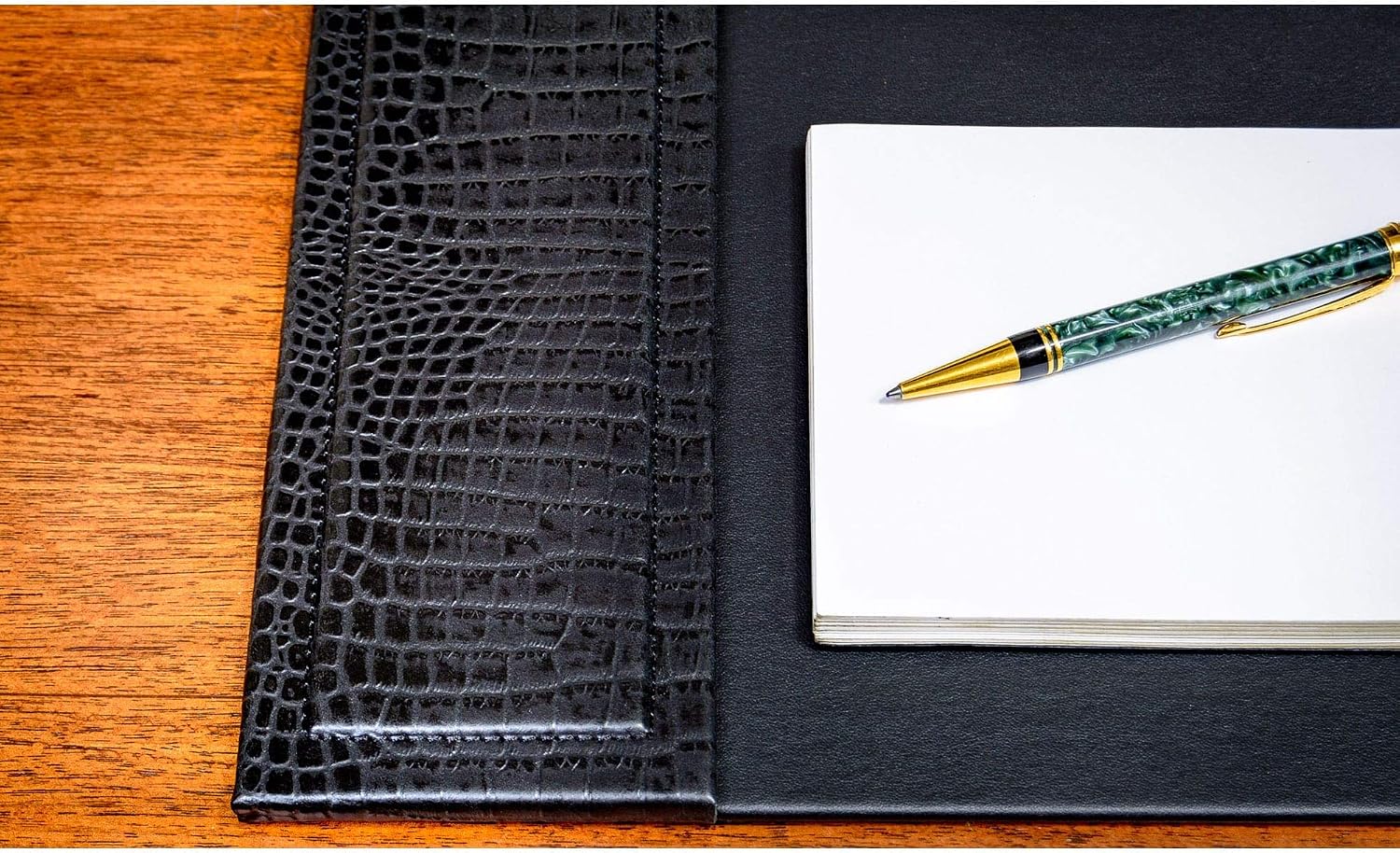Dacasso Black Crocodile Embossed Leather Desk pad with Side-Rails, 25.5 by 17.25 Inch