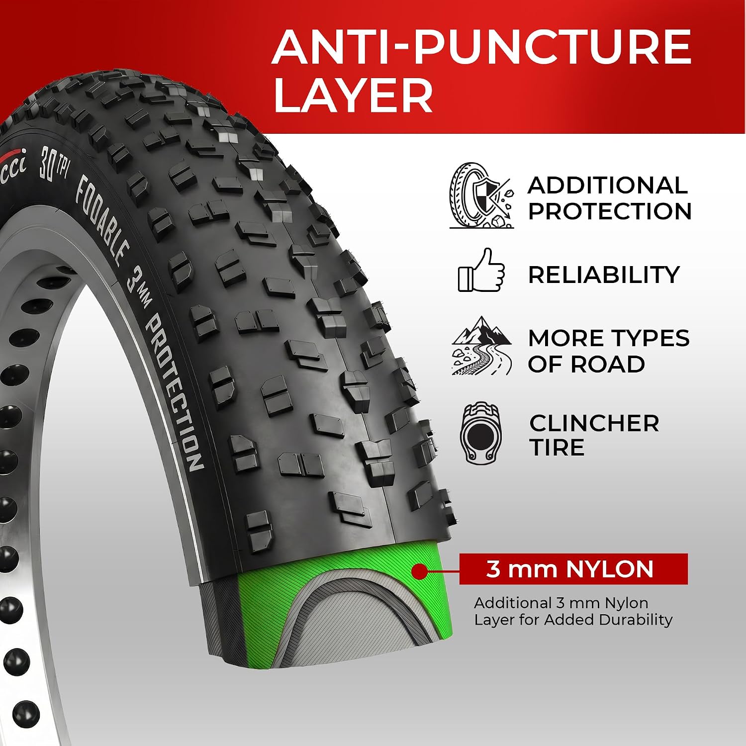 Pair 26 x 4.0 Fat Mountain Bike Tires - Foldable 100-559 3mm Anti Puncture