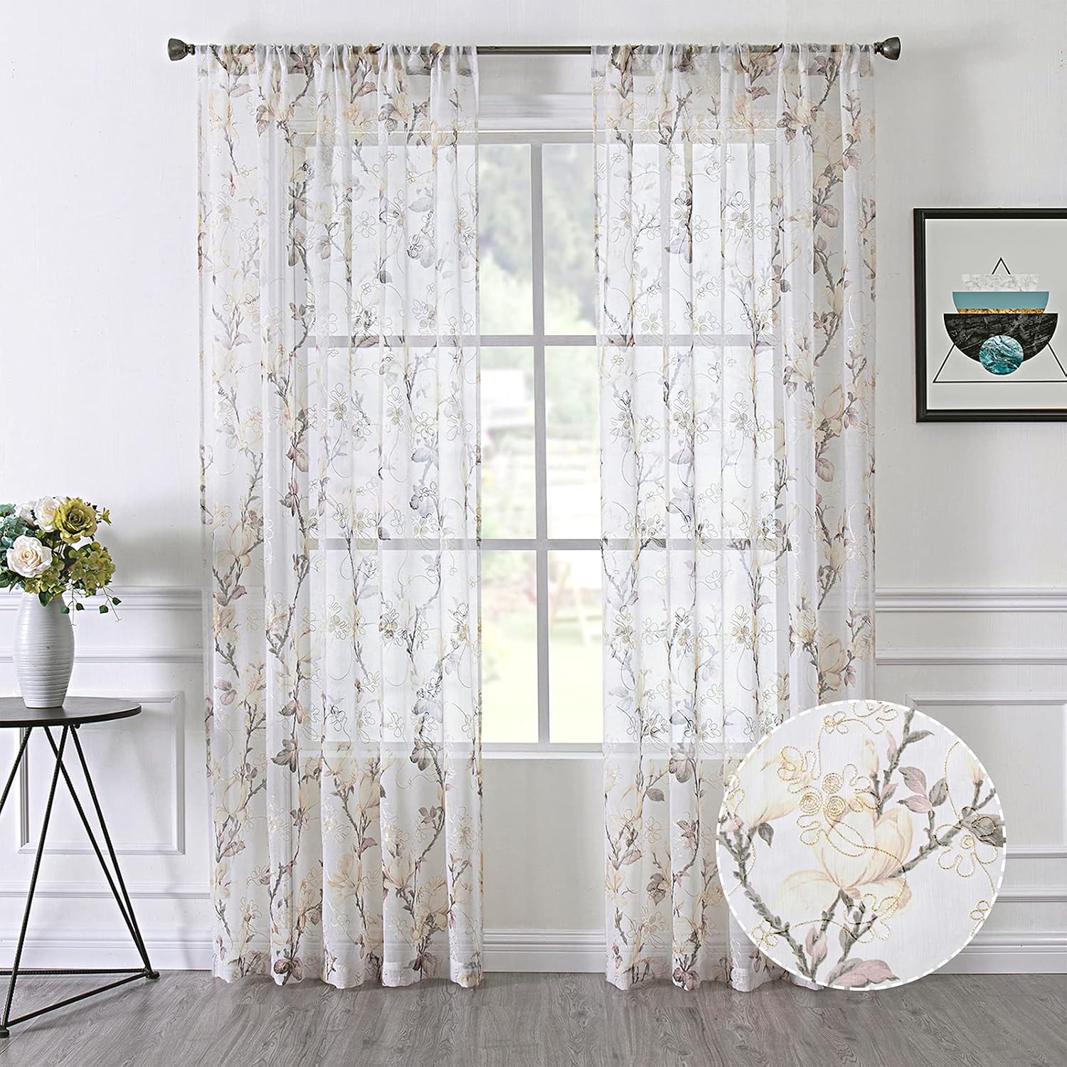 Tollpiz Floral Grey Sheer Curtain Flower Print Vine Embroidery Bedroom Curtains Rod Pocket Voile Window Curtain for Living Room, 54 x 84 inches Long