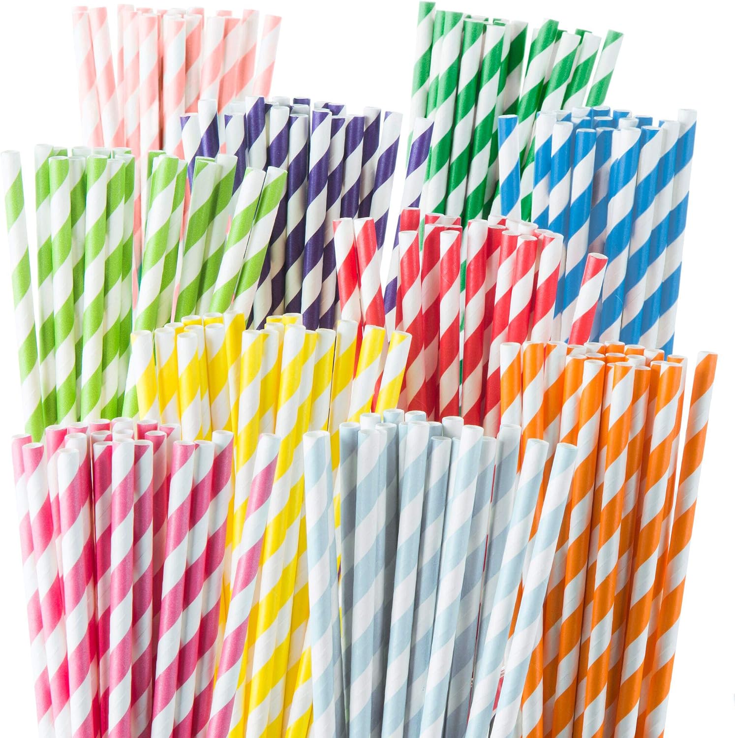 Paper Straws Disposable - 200 Pack - Durable & Non-Soggy Striped Paper Straws for Drinking in 10 Colors - 100% Biodegradable & Eco-Friendly for