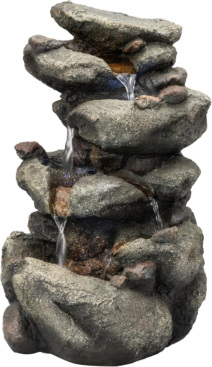 Alpine Corporation 13" Tall Indoor Tabletop Water Fountain, 4 Tier Cascading Water Feature with LED Lights for Home, Office, Living Room, or Zen Decor, Gray