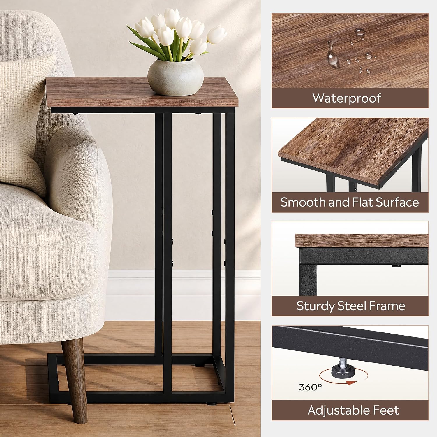 WLIVE C Shaped End Table, Small Side Tables for Sofa and Bed, Couch Table that Slides Under for Living Room, Bedroom, Home Office, Small Spaces