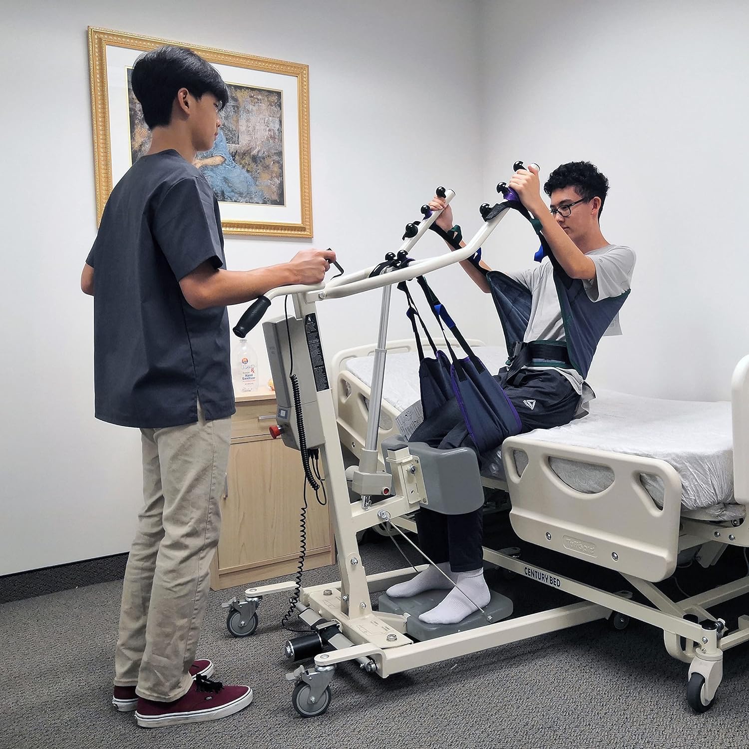 Stand Up Electric Patient Lift - Sit to Stand, Standing Lift, Rhino Lift with Manual Low Base - with Transport Sling (Large), 380 lb. Weight Capacity