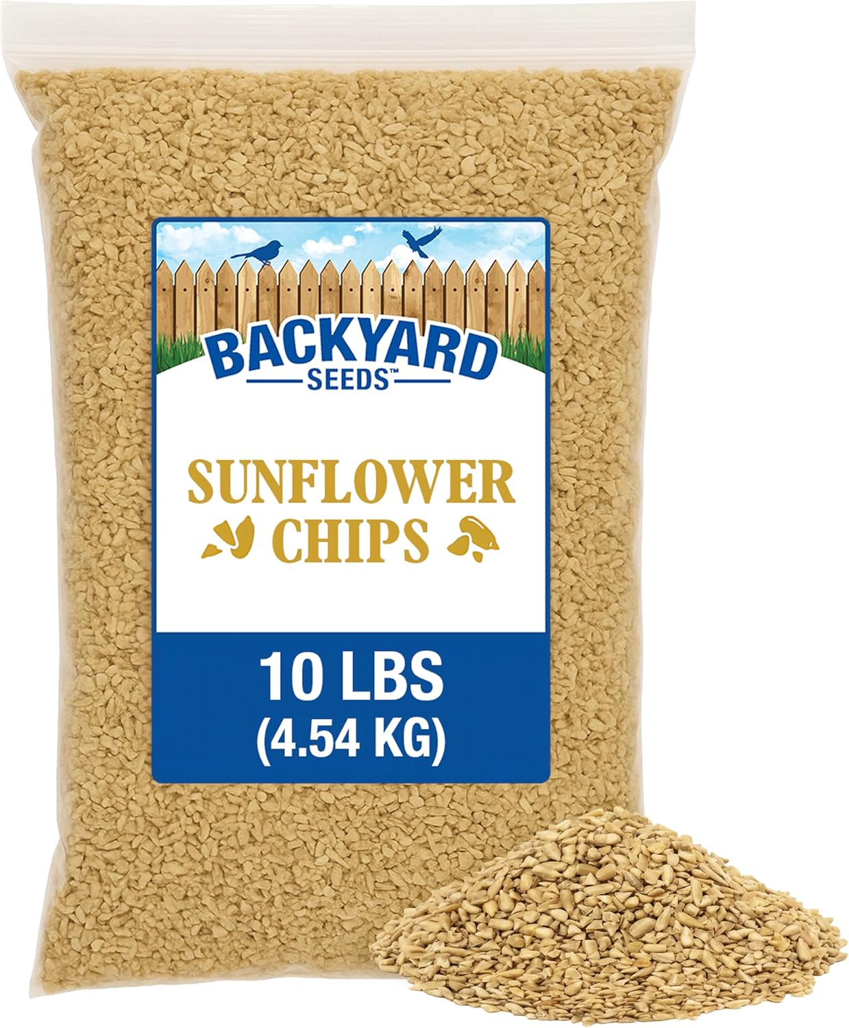 CountryMax Shelled Sunflower Chips 10 lb - No Waste Bird Seed for Outside Feeders, Resealable Bag of Wild Bird Feed | For Smaller Beaks, No Mess, No Waste. High Energy & USA Sourced. For Ground Feeding or Bird Feeders, For Year-Round Feeding