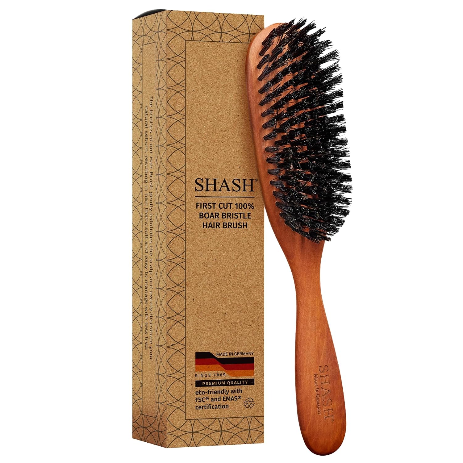 SHASH Classic German First Cut 100% Boar Bristle Hair Brush Since 1869 - Conditions Hair, Improves Texture, Exfoliates Scalp