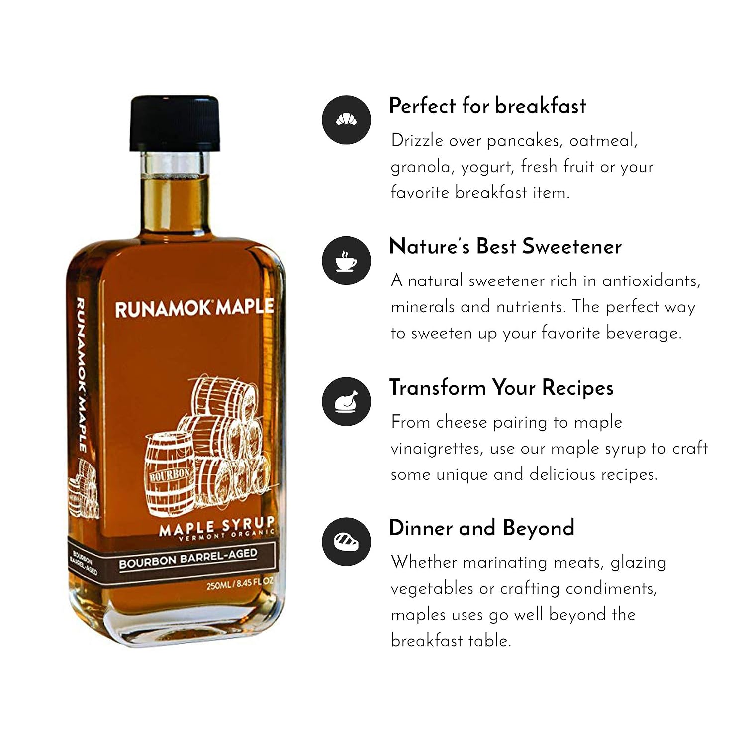 Runamok Organic Bourbon Barrel Aged Maple Syrup - Vermont Maple Syrup, Pure Maple Syrup for Cocktails, Cheese Pairing & Perfect To Be Used As Pancake Syrup, Maple Syrup Organic | 8.45 Fl Oz (250mL)