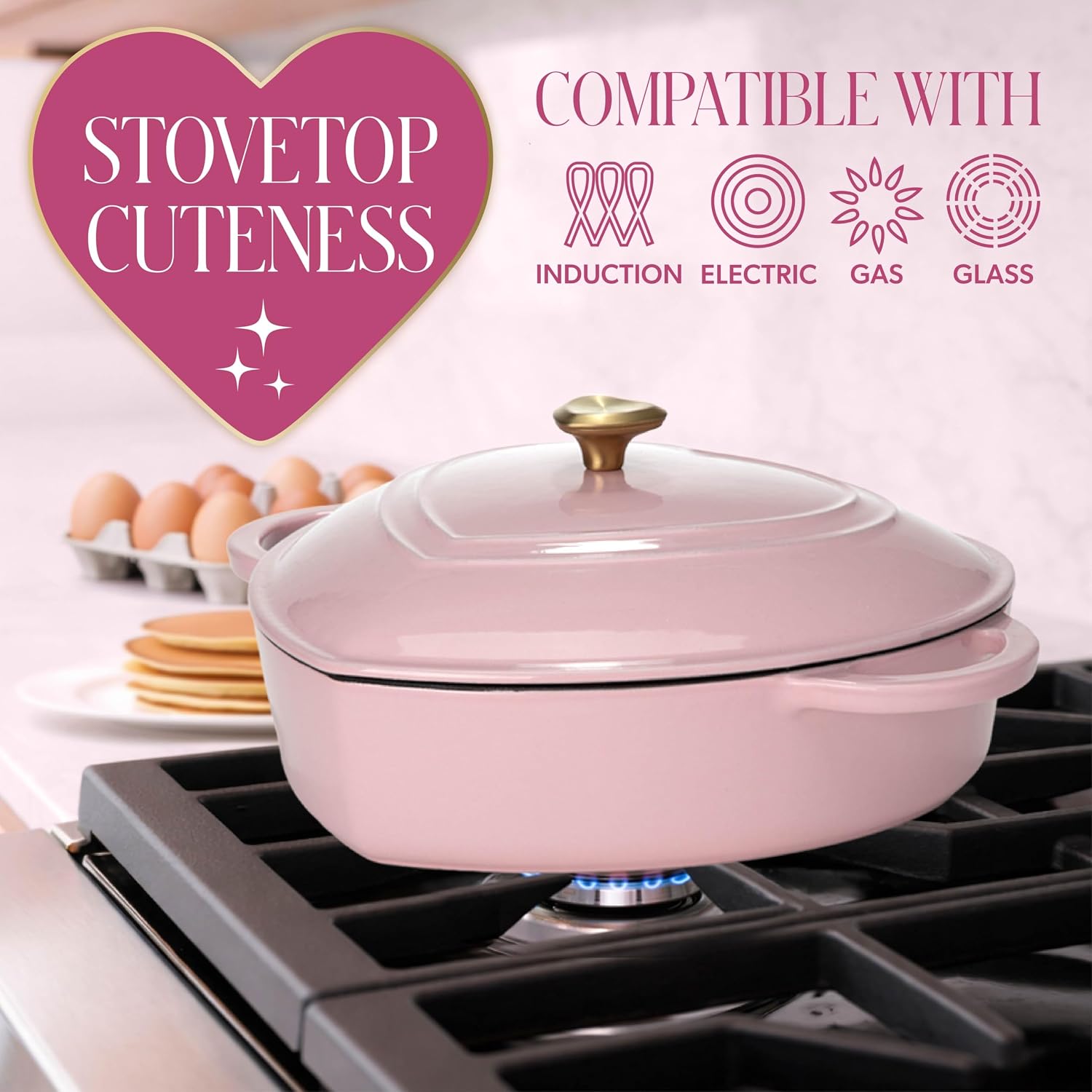Paris Hilton Enameled Cast Iron Dutch Oven Pot with Lid, Heart-Shaped Dutch Oven, Durable Cast Iron Pot with Dual Handles, Oven Safe to 500°F, Works on All Stovetops, 2-Quart, Cream