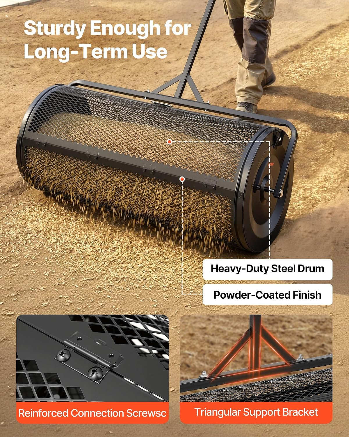 VEVOR Compost Spreader, 36" Wide Peat Moss Spreader with Push/Tow Handle, 4 Heights Adjustable, Powder-Coated Steel Garden Peat Moss Roller, Heavy Duty Grass Seed Roller for Planting Seeding, Black