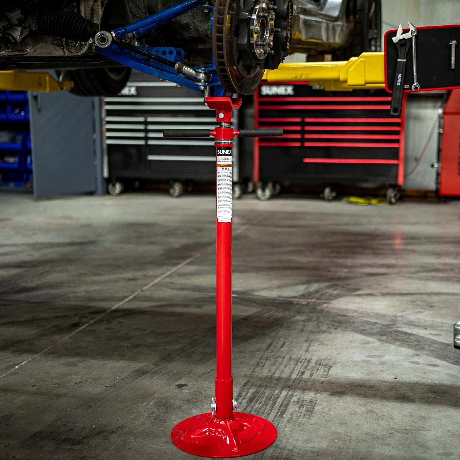 SUNEX TOOLS 6810A, Underhoist Support Stand with Foot Pedal, ¾ Ton Capacity, Large Base, Bearing Mounted Spin Handle, Height Adjustment Under Load, Lightweight, Supports Vehicle Components Only