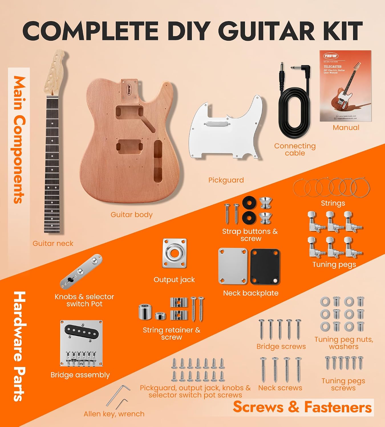 Tostar DIY Electric Guitar Kit, Solderless, Multi Sanded Polished Body, ST | Mahogany Body, Canadian Maple Neck, SSS Pickups, 6 String Tremolo Bridge, Complete Accessories, Hands On Learning