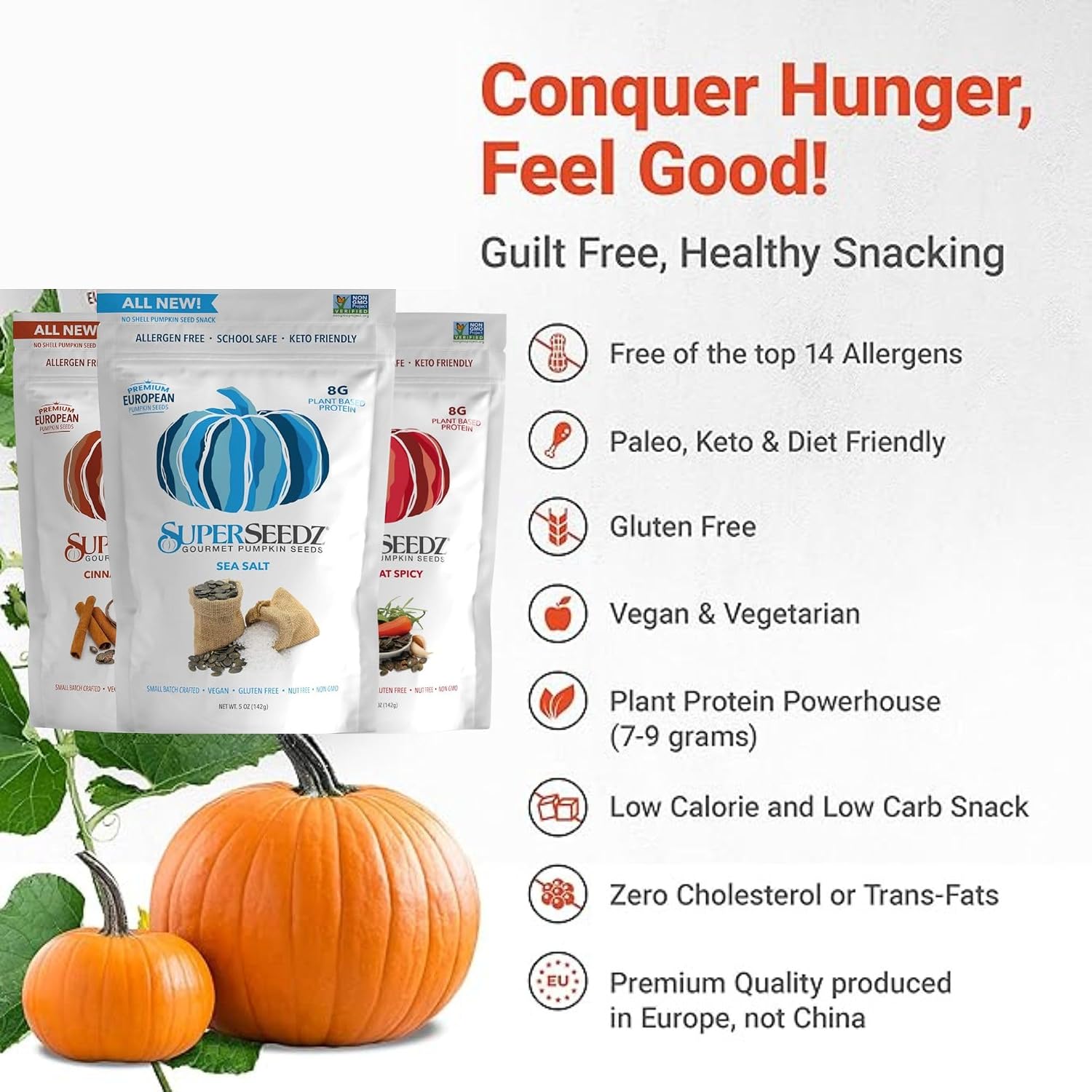 SuperSeedz Dry Roasted Pumpkin Seeds with Sea Salt w/8g Protein (5oz Bag) | Nn-GMO, Gluten-Free, Keto Snacks – Nut-Free & School Friendly Organic Pumpkin Seeds – Large European No Shell Pepitas
