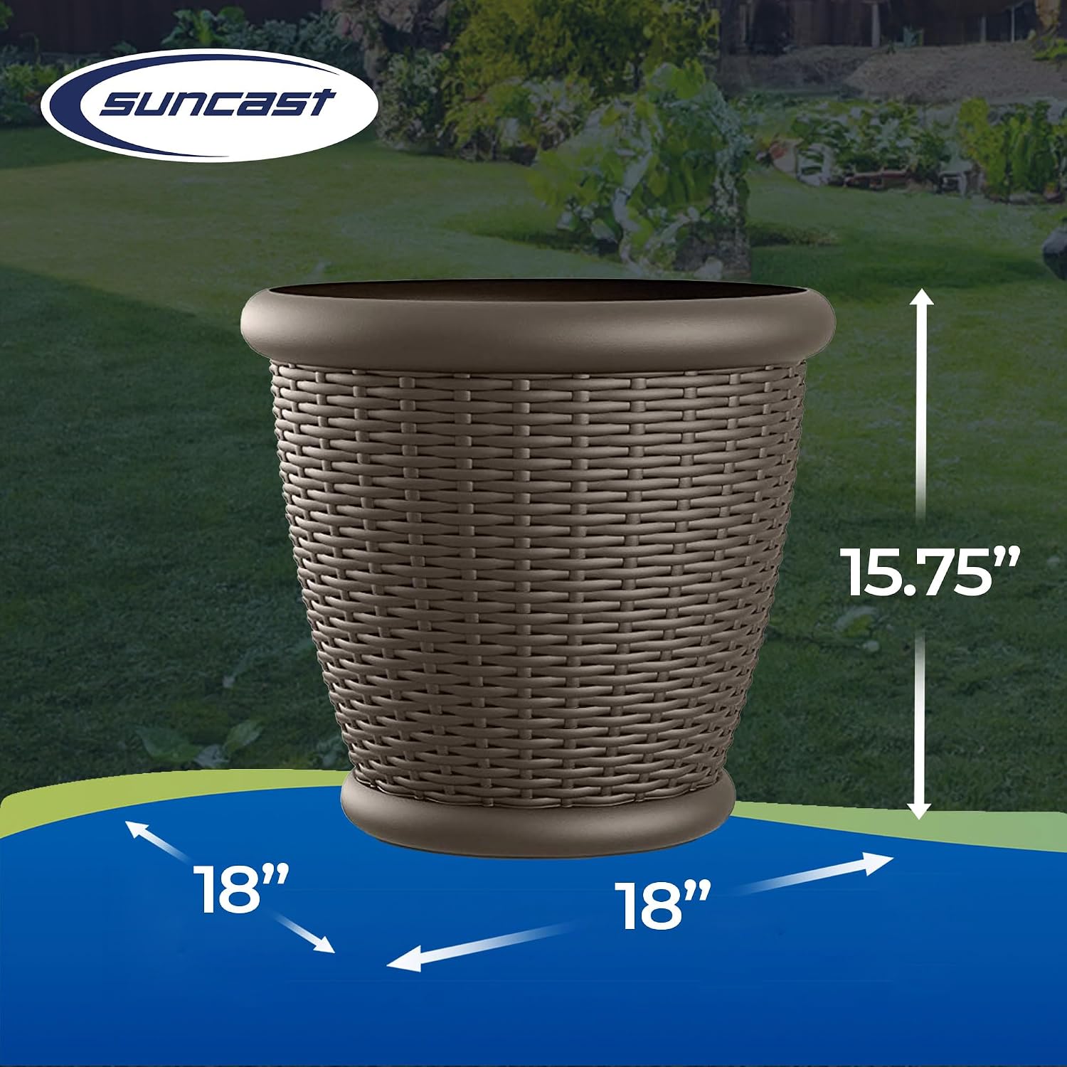 Suncast Wicker Planter w/ Drillable Drain Holes, Decorative Indoor/Outdoor Pot, 18in, Java