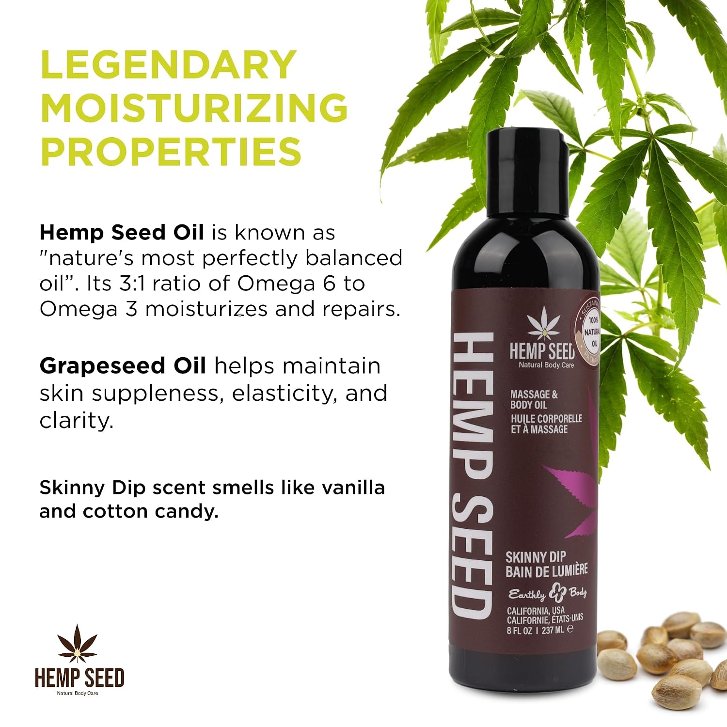 Hemp Seed Massage & Body Oil - 8 fl. oz. - Nourishing, Moisturizing Massage Oil - Hemp Seed, Apricot, Grapeseed & Sweet Almond Oil - Vegan & Cruelty Free