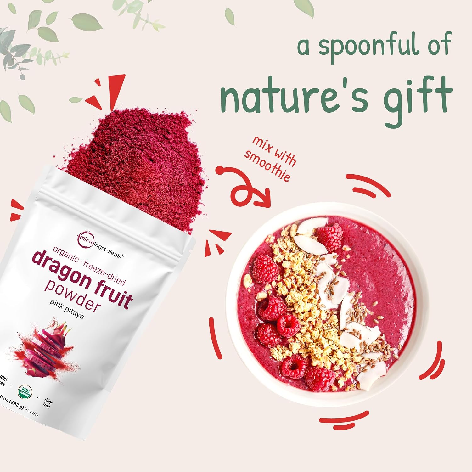 Micro Ingredients Organic Dragon Fruit Powder, 10oz | Natural Fruit Flavor | Freeze-Dried Pink Pitaya Source | No Sugar & Additives | Great for Drinks
