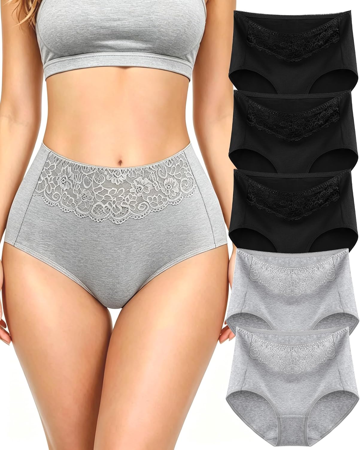 MISSWHO Women's High Waisted Cotton Underwear Soft Breathable Full Coverage Stretch Briefs Ladies Panties 5-Pack