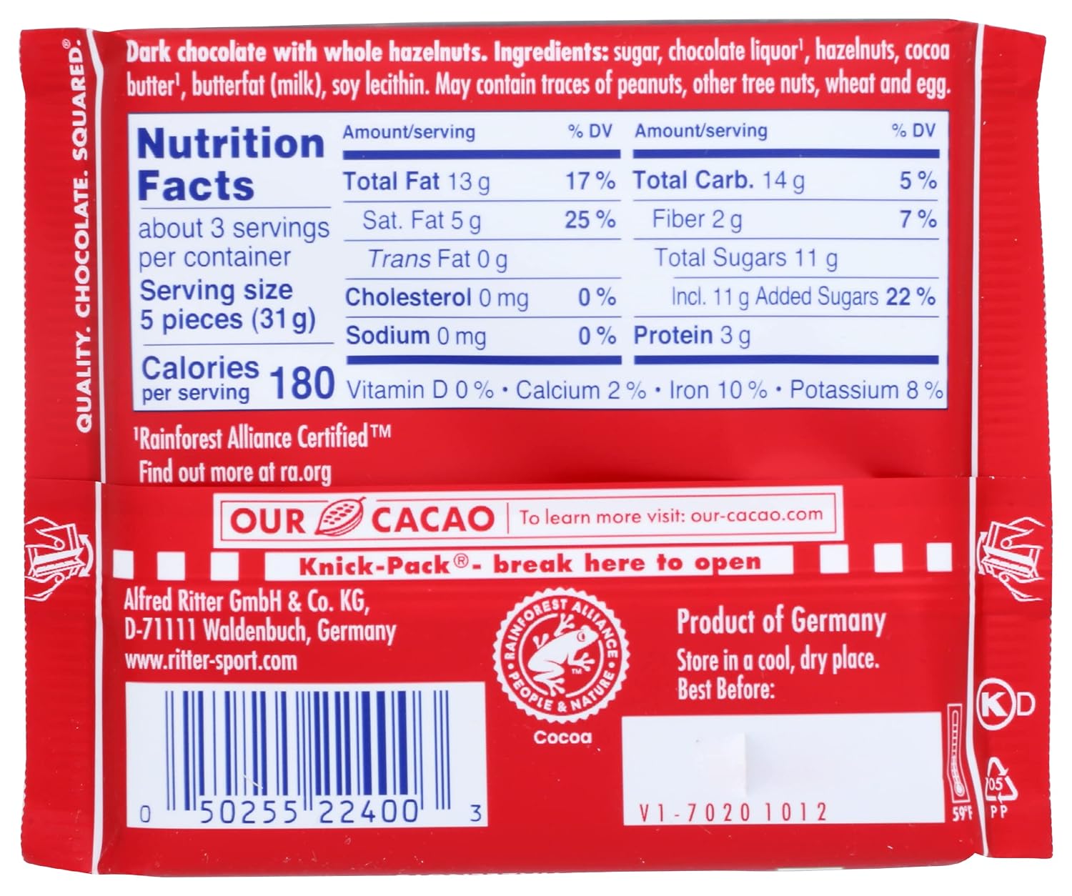 Ritter Sport Chocolate Bars with Nuts (Dark Chocolate with Hazelnuts, 3.5 Ounce (Pack of 10))