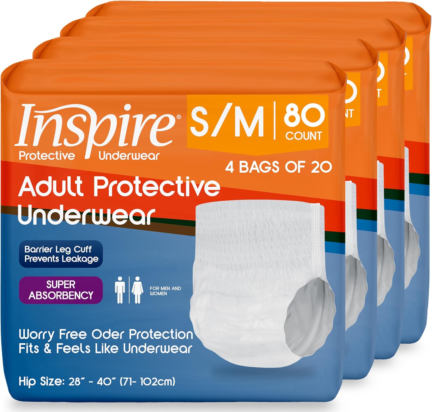 Inspire Protective Underwear for Men and Women with Incontinence | Adult Diapers | Disposable Underwear for Adults | Adult Pull Ups - 4 Bags of 14 | 56 Total (Extra Large)
