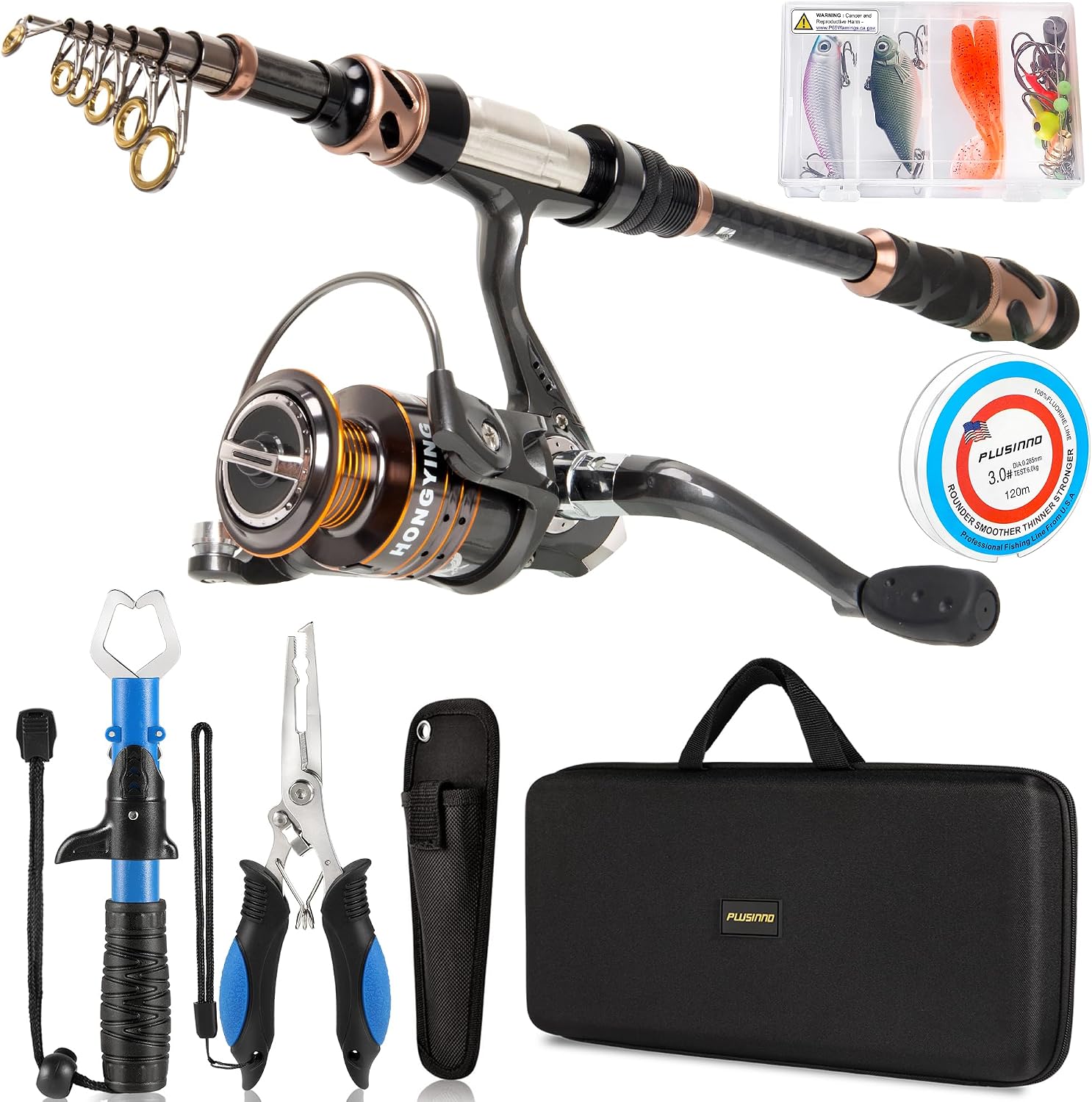 PLUSINNO Fishing Rod and Reel Combos - Carbon Fiber Telescopic Fishing Pole - Spinning Reel 12 +1 Shielded Bearings Stainless Steel BB