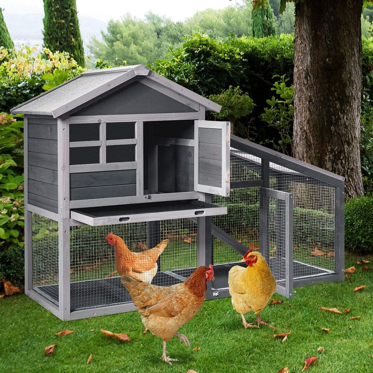 Tangkula Rabbit Hutch Indoor Outdoor, Wooden Chicken Coop, Bunny Hutch with Run, Ventilation Door, Removable Tray, Ramp, Sunlight Panel