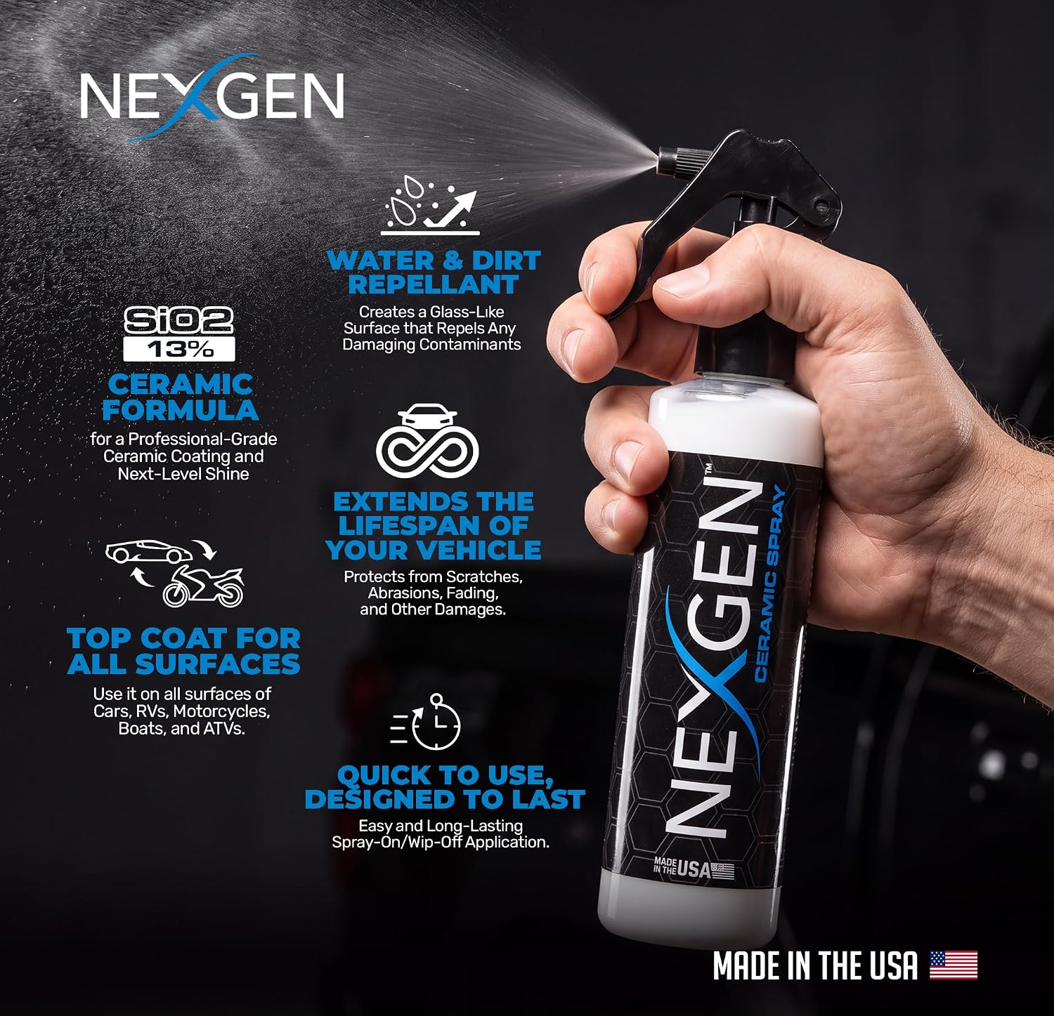 Nexgen Ceramic Spray Silicon Dioxide, Easy to Apply Ceramic Coating Spray for Cars, 16 oz | Professional-Grade Protective Sealant Polish for Cars, RVs