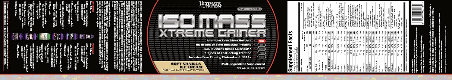 Ultimate Nutrition ISO Mass Xtreme Gainer, Chocolate Milk, 10 lb | 60g Whey Protein Blend, 60g Complex Carbs, 7 Types Of Creatine, 4 Types Glutamine, Lean Mass Gainer For Recovery