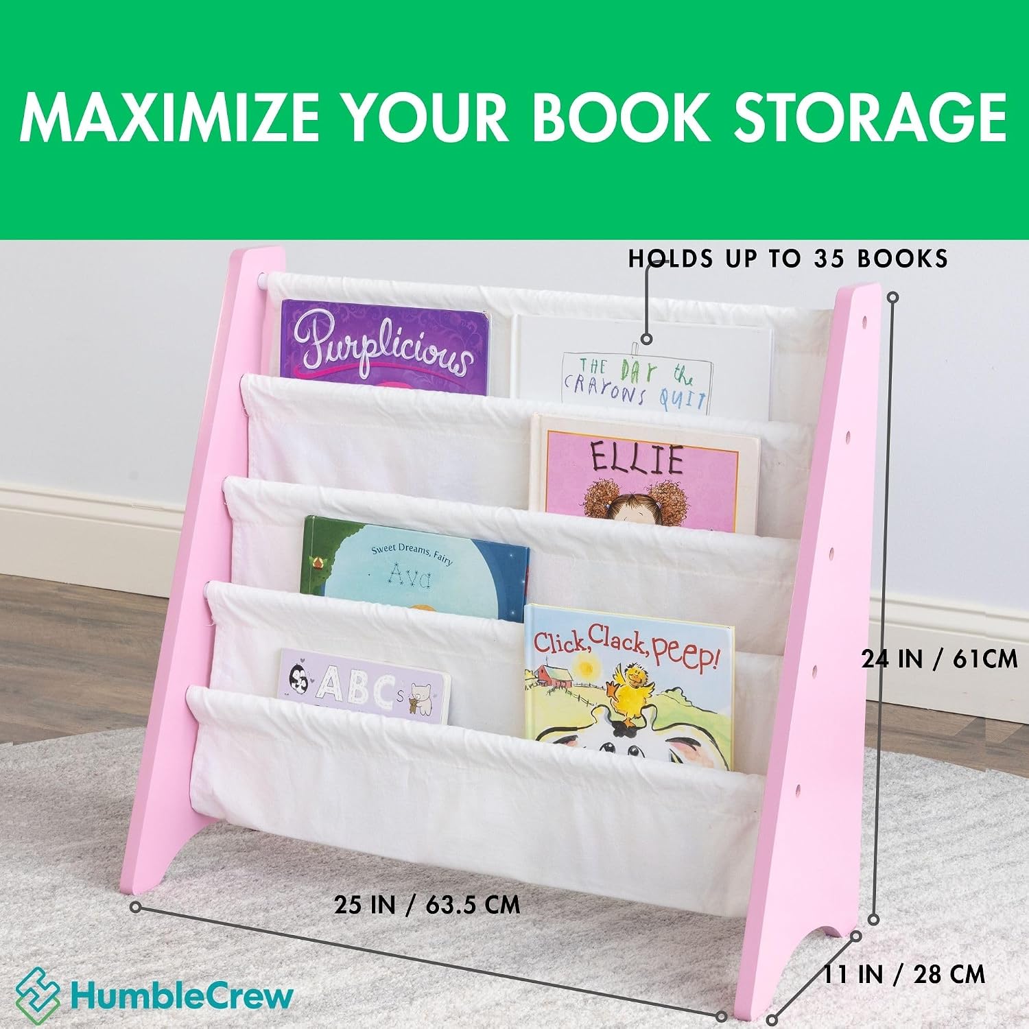 Humble Crew Kids Bookshelf, Montessori Front Facing Toddler Bookcase 4 Tier | Book display rack and reading nook organizer, nylon pockets show covers face out, compact for any playroom or bedroom space