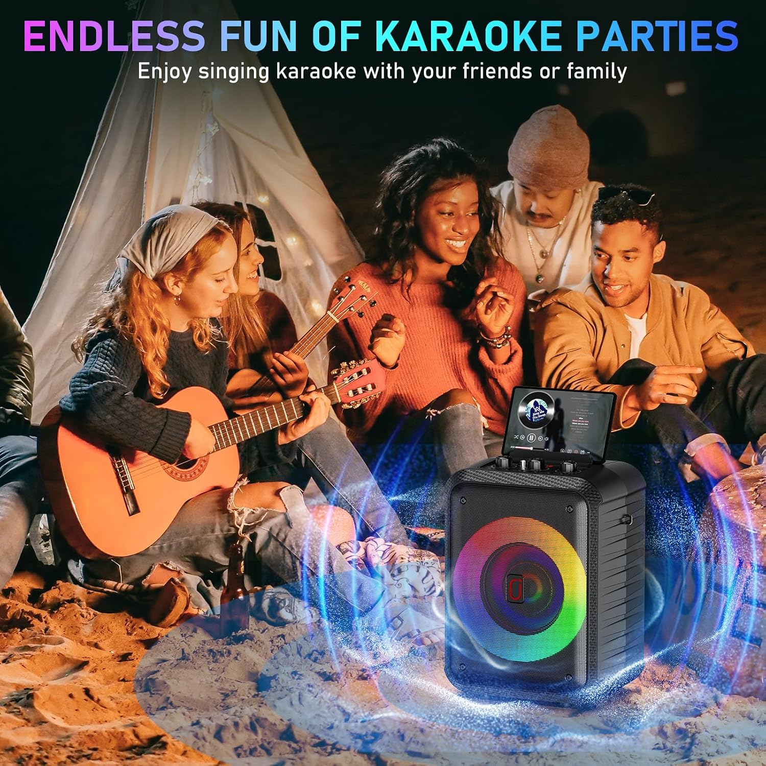 JYX Karaoke Machine for Adults & Kids with 2 Wireless Microphones, Portable Bluetooth Speaker with LED Lights, Supports USB/TF Card/AUX for Party