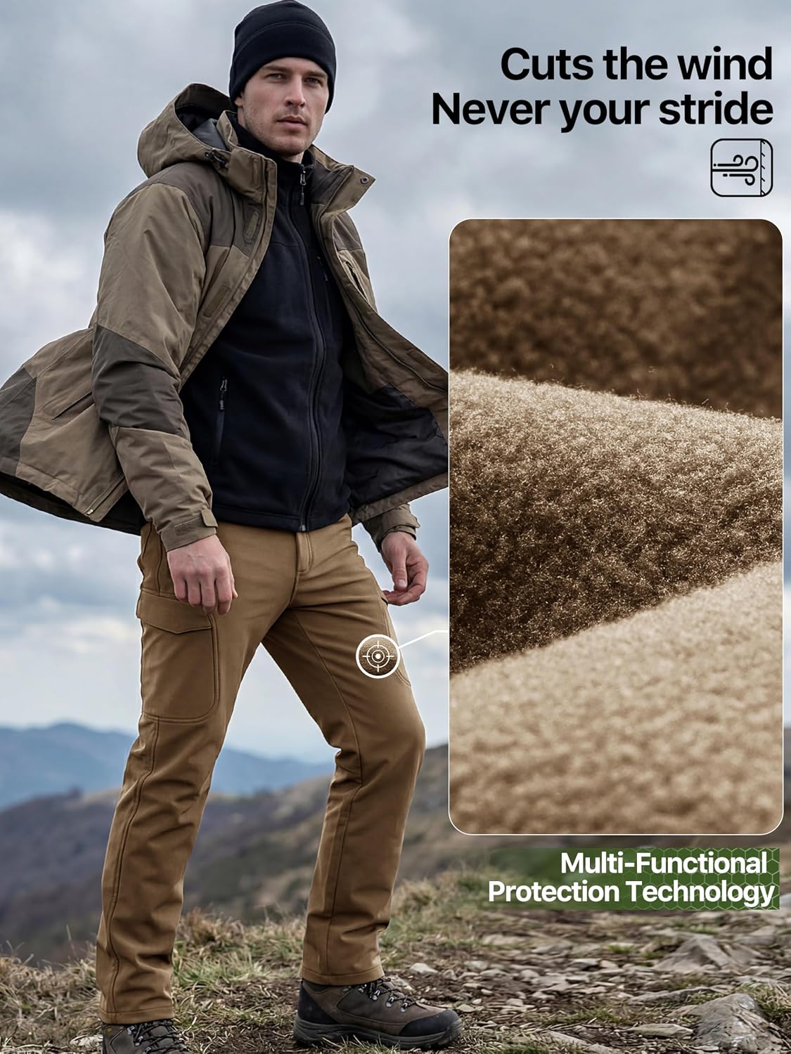 FREE SOLDIER Men's Outdoor Softshell Fleece Lined Cargo Pants | Snow Ski Hiking Pants with Belt, Waterproof Winter Pants, Insulated Work Pants, Breathable Windproof Insulated Pants
