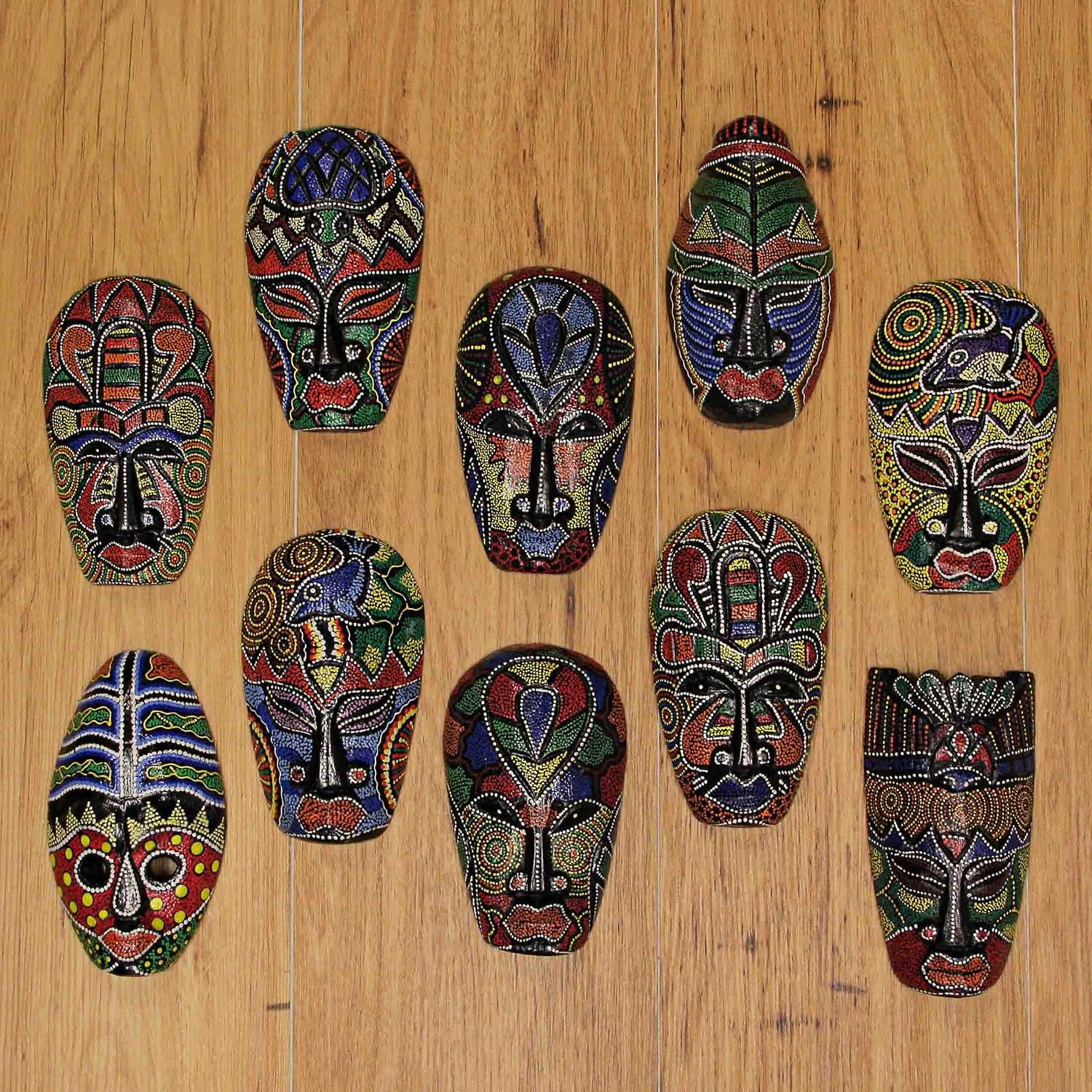 Set of 10 Colorful Hand Carved Tropical Island Dot Painted Tribal Masks 6 1/2 Inches High Wall Hangings | Dot-Painted Indonesian Designs