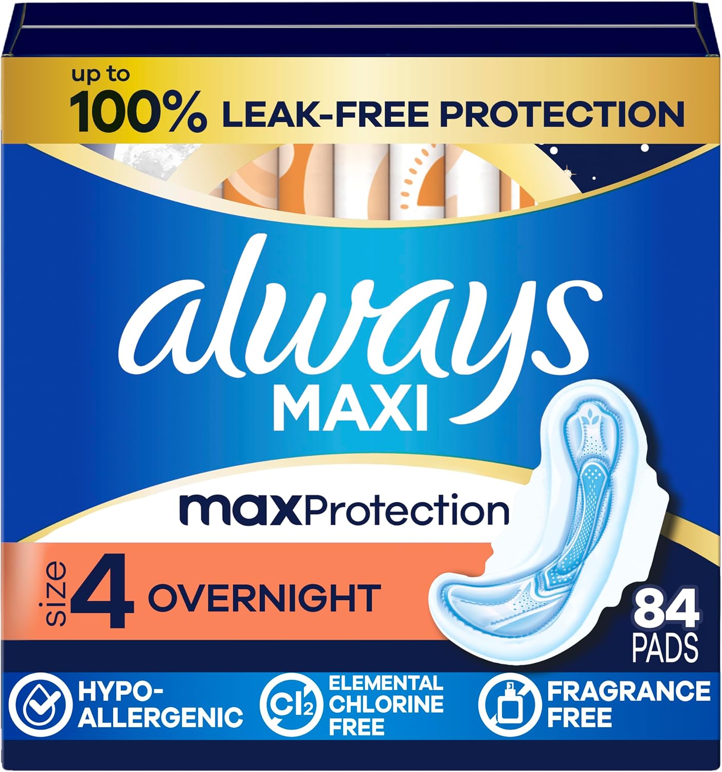 Always Maxi Overnight Feminine Pads with Wings for Women, Size 4, Overnight Absorbency, Unscented, Up to 100% Leak-Free Protection, 48 Count