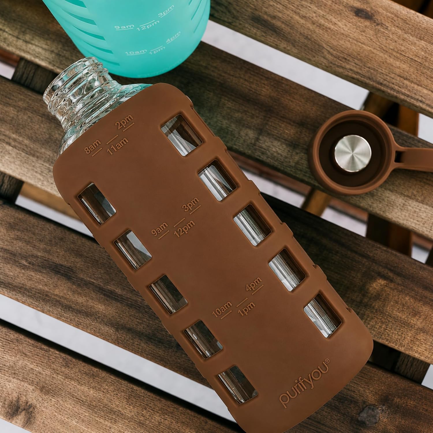 purifyou 40oz / 32oz / 22oz / 12oz Borosilicate Glass Water Bottle with Time & Volume Markers, Silicone Sleeve