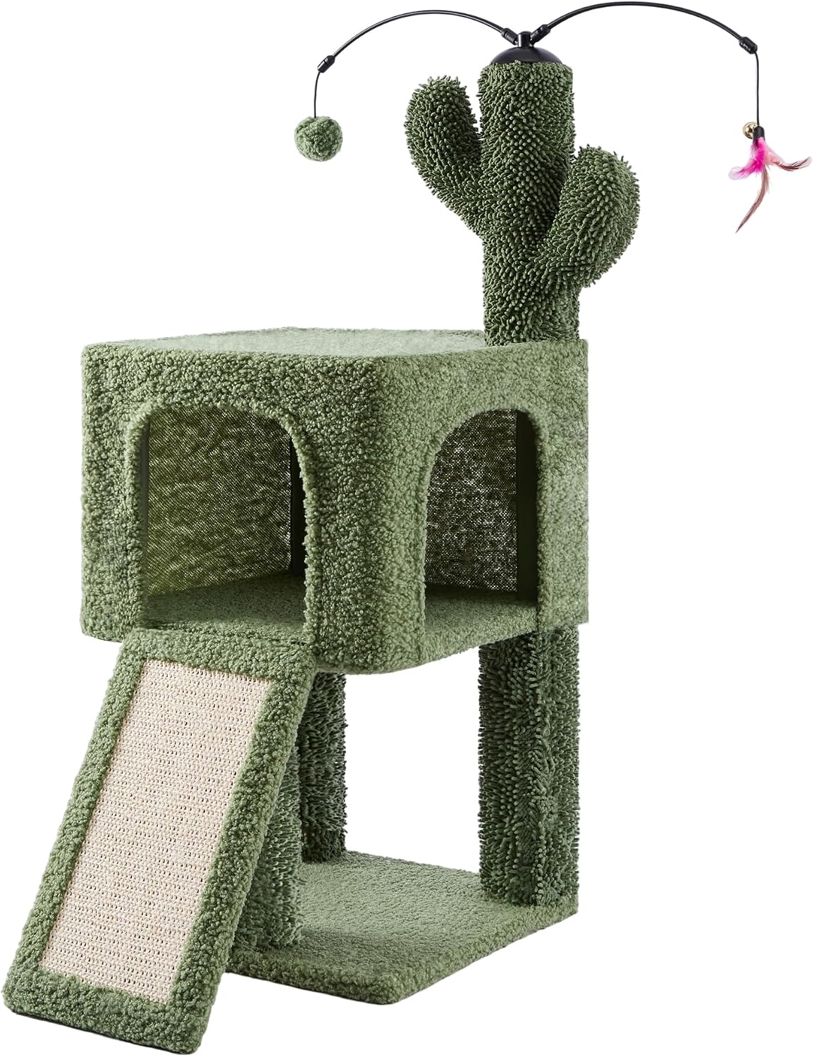 32" Cat Tree for Indoor Cats, 2-in-1 Cat House with Sisal Scratching Post & Ramp, 2-Level Cat Tower with Rotatable Feather & Ball Toys, Stable Grey Cat Condo for Small/Medium Cats, Grey