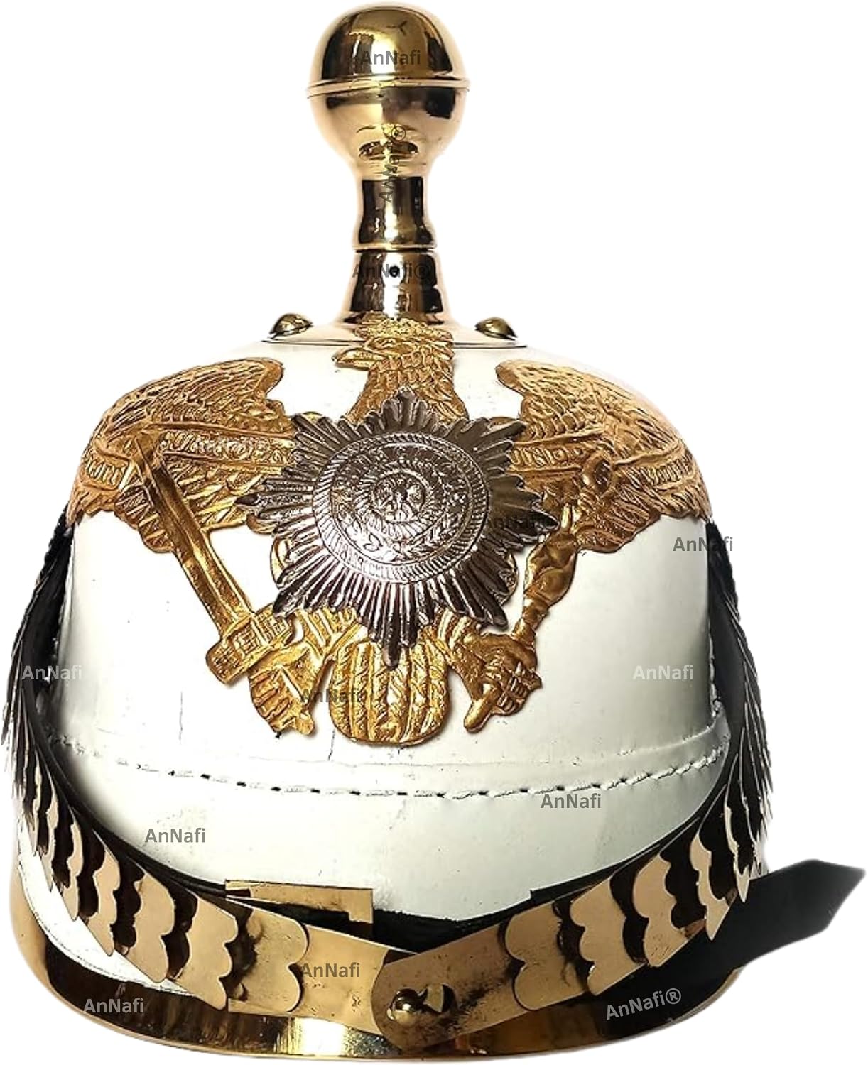 AnNafi® White German Pickelhaube Helmet | Leather Pickelhauben Imperial Prussian Helmets | Brass Military Officer Round Top Men’s Costume | WWI &