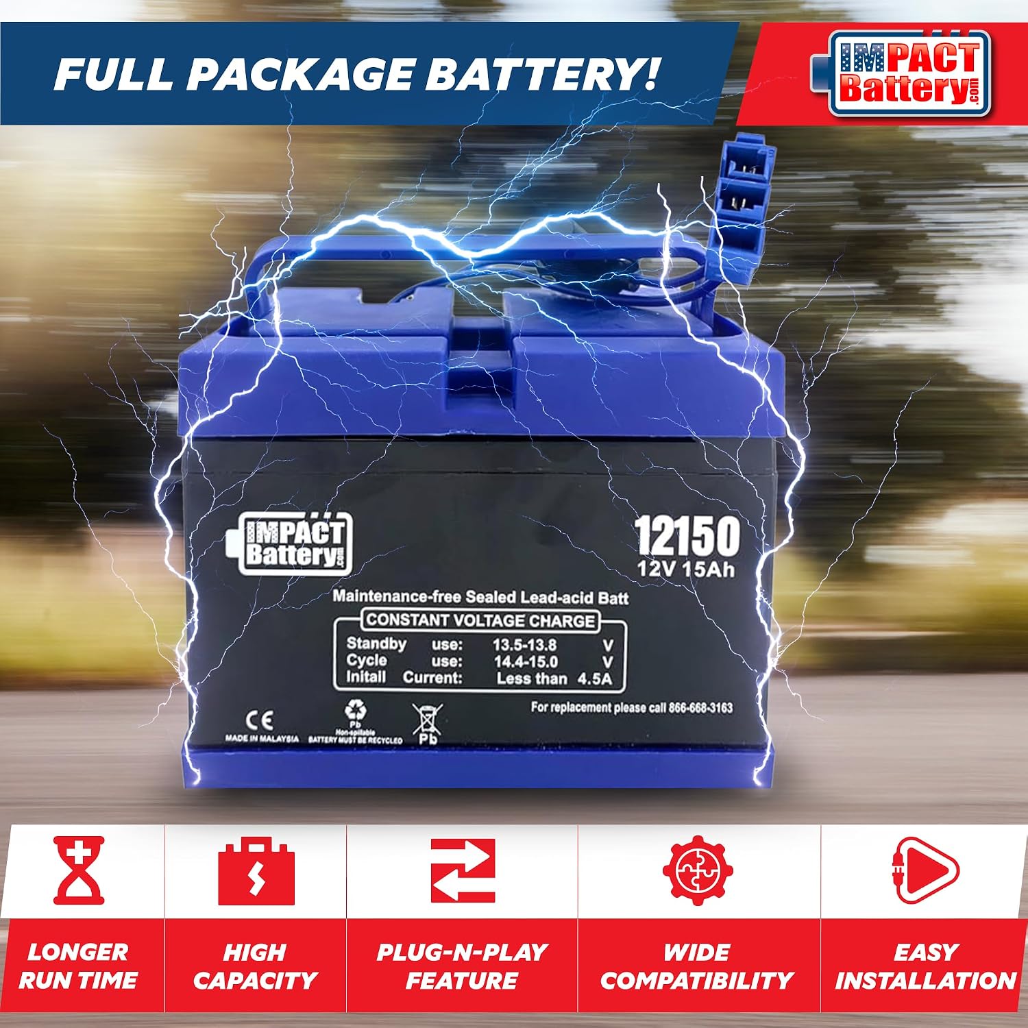 Impact 12V 15 Amp Battery Upgrade for Peg Perego John Deere Tractor Ride-on-Toys | Gator and Gauncho | Replace 12-Volt 12 Ah for Kids Tractor