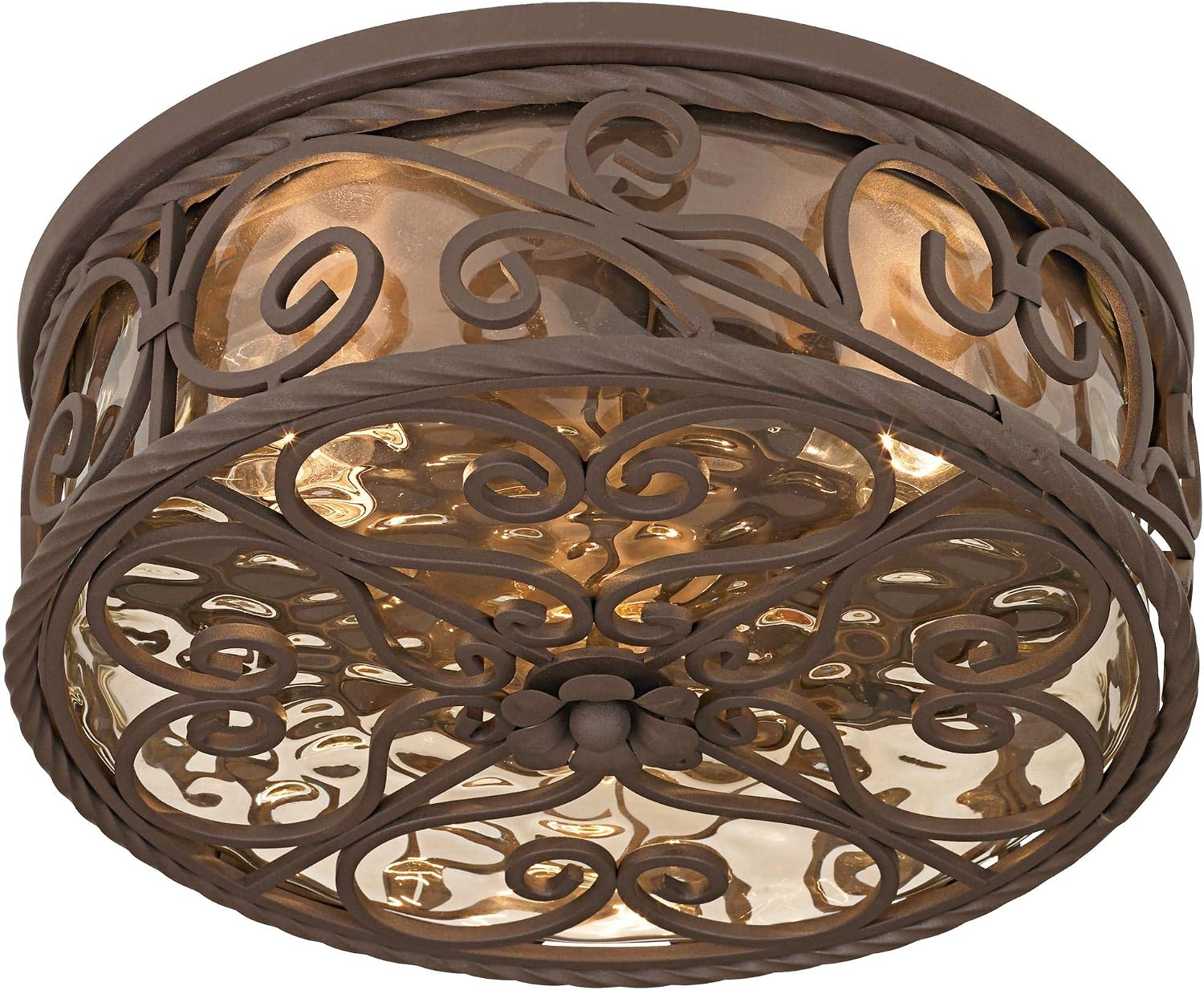 Casa Seville 12" Walnut Rustic Indoor-Outdoor Ceiling Light Fixture | Flush-Mount Dark Scroll Water Glass Damp Rated for Exterior House Porch Patio Outside Deck Garage Front Door Home