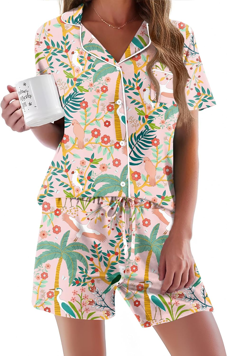 Ekouaer Pajamas Set for Women Short Sleeve Sleepwear Button Down Pj XS-XXXL | Summer 2 Piece Lounge Set, Soft Fabric, Drawstring Waistband, for Bridesmaid Bride Party, Plus Size, Petite, Cute Pattern