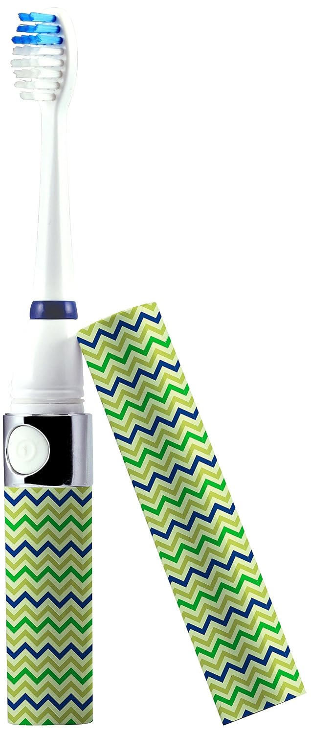 Pursonic S52 Portable Battery Operated Sonic Toothbrush To-Go with 2 Brush Heads & AAA Battery Included, Green Herringbone, 0.2 Pound